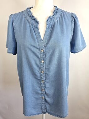 Frye Chambray Top Ruffle Neck‎ Button Front Blue Blouse Size S